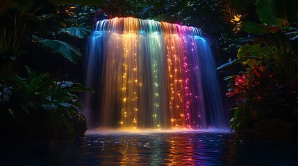Fantasy illuminated waterfall with rainbow colors and mist high resolution picture