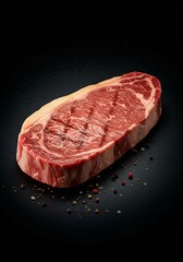 Grilled Raw Ribeye Steak on Dark Background with Pepper Garnish