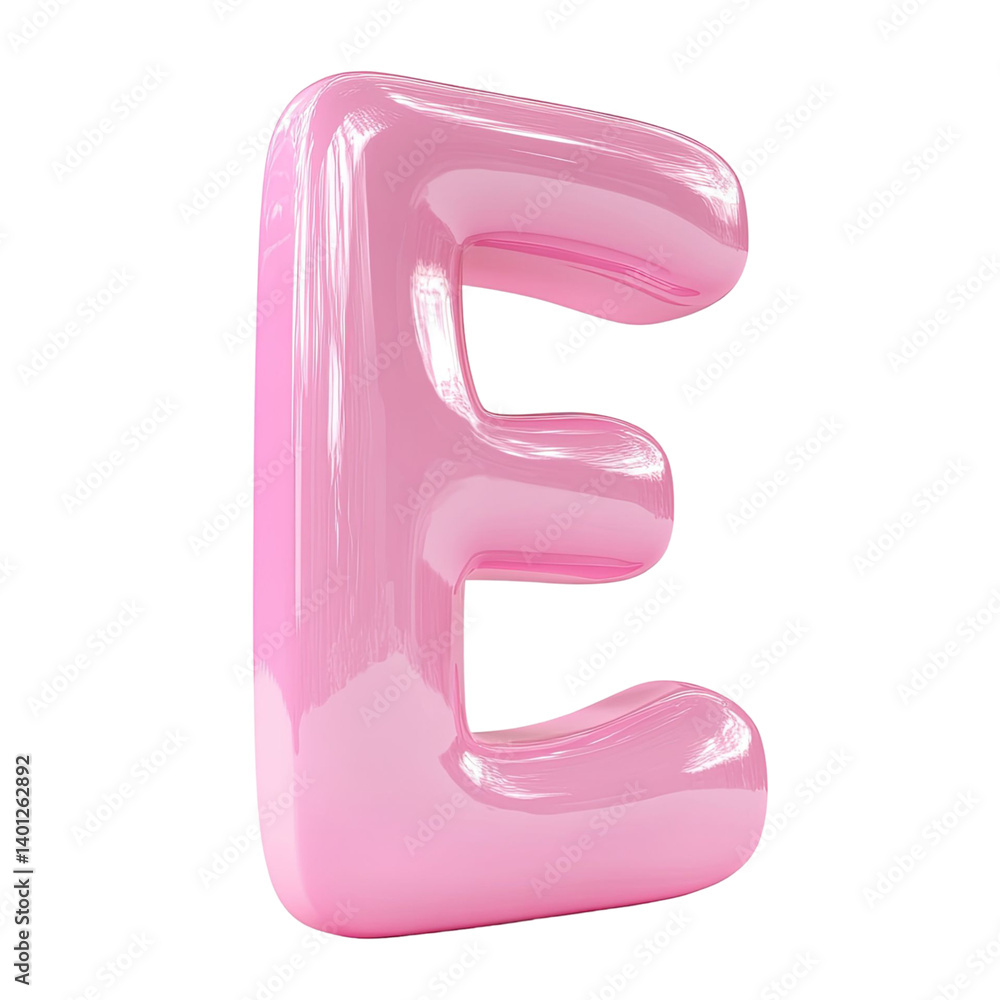 Poster pink inflatable letter e isolated on transparent background glossy surface reflects light creating a