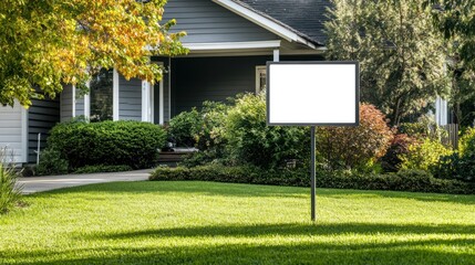 A blank white yard sign stands tall in a lush green lawn, its simple design offering a clean slate for future messaging, set against the exterior of a gray house.