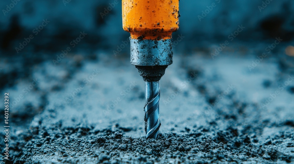 Poster close-up view of a dusty drill bit engaging with concrete surface for precision mechanical work
