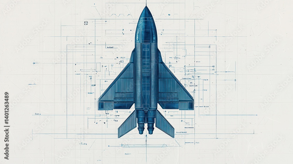 Poster detailed blueprint illustration of a futuristic rocket design with technical specifications and anno