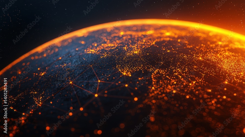 Poster glowing earth with network connections and stars in deep space, digital representation of global con