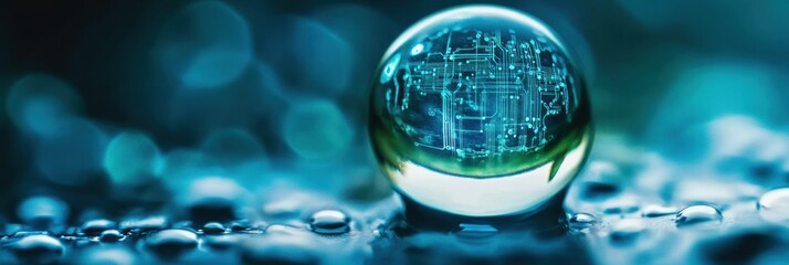 Macro water droplet reflects digital circuit symbolizing harmony between nature and technology over droplets on a surface