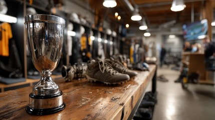 Trophy Displayed in Vibrant Sports Locker Room with Equipment and Gear
