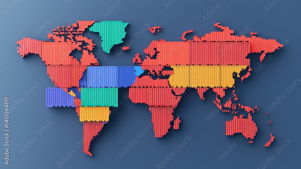 Poster colorful world map constructed with containers and geometric shapes representing global trade and co