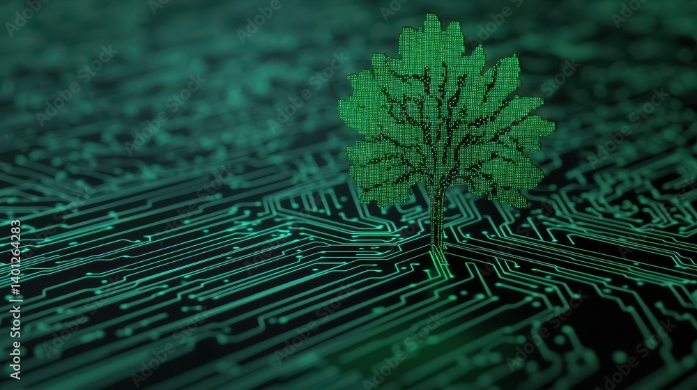 Poster digital tree growing from circuit board pattern symbolizing nature and technology integration in mod