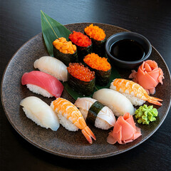 Exquisite Sushi Platter: A Colorful Array of Nigiri, Gunkan, and Maki Rolls with Tuna, Salmon, Shrimp, Egg, and Roe, Garnished with Ginger Roses and Wasabi on a Rustic Stone Plate, Perfect for Japanes