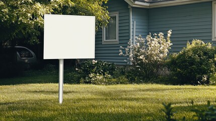 A blank white yard sign stands tall in a lush green lawn, its simple design offering a clean slate for future messaging, set against the exterior of a gray house.