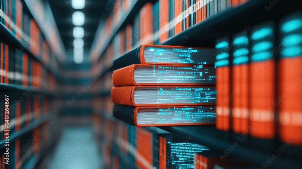 Poster colorful books with digital elements in modern library setting representing knowledge and technology