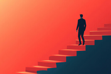 Man climbing stairs against red backdrop.