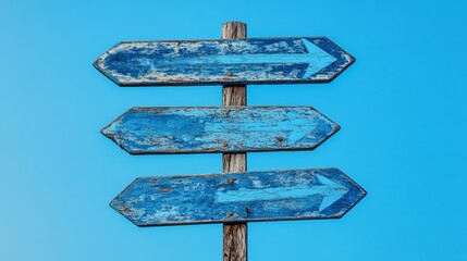 Direction sign blue wooden arrows against sky background travel destination wayfinding signage guidepost concept