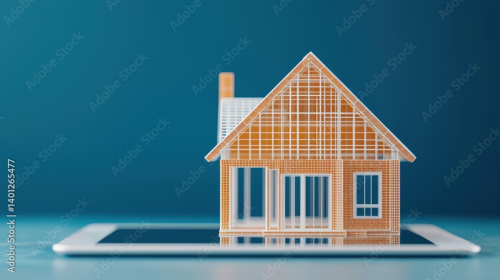 Poster digital model of house on tablet display representing modern construction and smart home technology 