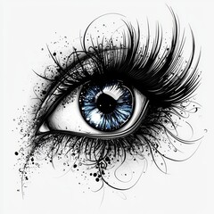 Artistic close-up of an eye with intricate eyelashes and vibrant blue iris showcasing abstract elements and detailed designs