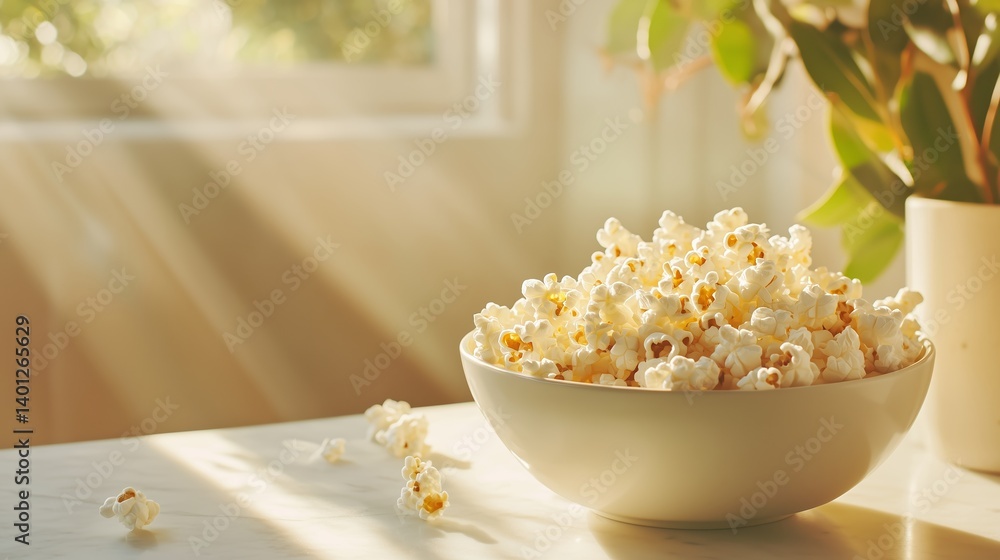 Poster freshly popped popcorn sits in a bowl on a table with sunlight streaming through a window and a plan