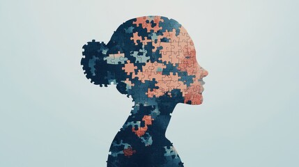 Profile silhouette of a woman filled with colorful puzzle pieces representing identity and self-discovery contrast