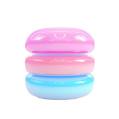 Three-layered translucent dessert on transparent background featuring pink light blue and white colors with glossy surfaces.