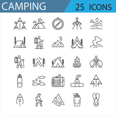 Camping Adventure Icons Set in Simple Line Style
