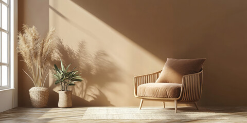 Living Space Featuring a Cozy Wicker Armchair, Potted Plants, and Warm Earthy Tones Illuminated by Natural Sunlight