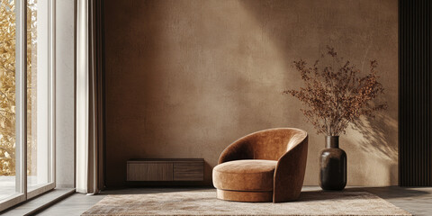 Interior Design Featuring a Curved Brown Chair and Dried Foliage in a Warm Neutral Palette