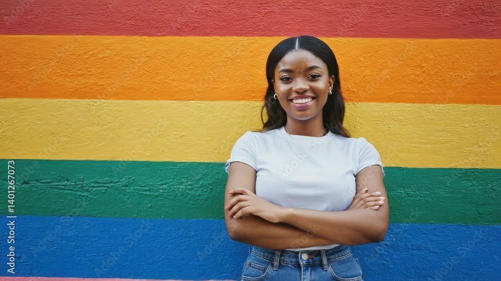 Poster a woman standing against a vibrant and lively background, perfect for use as a profile picture or to