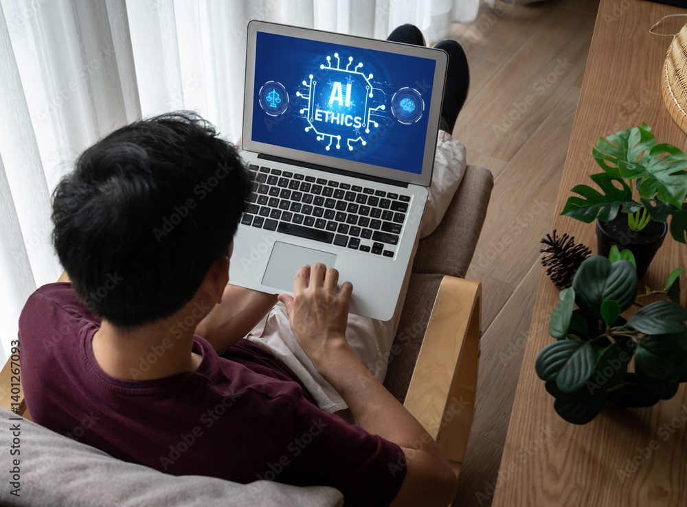 Poster ai ethics responsibility standard law and rules on computer screen provide report of ai ethic transp