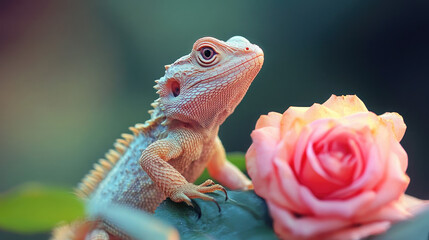 Lizard Next to a Delicate Pink Rose on a Green Surface Against a Blurred Background
