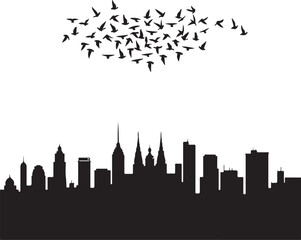 Naklejka premium city skyline with birds in heart shape silhouette 