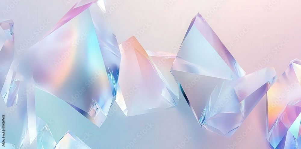 Poster iridescent crystal shapes in white and pastel colors create an abstract background. high-resolution 