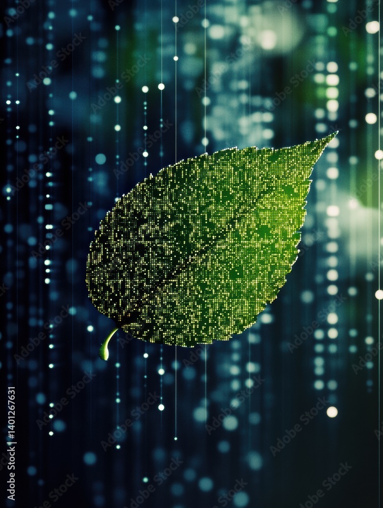 Poster Green leaf dissolving into digital pixels showcasing the harmony of nature and technology in a modern landscape