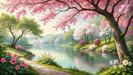 Tranquil Lake Surrounded by Vibrant Spring Trees