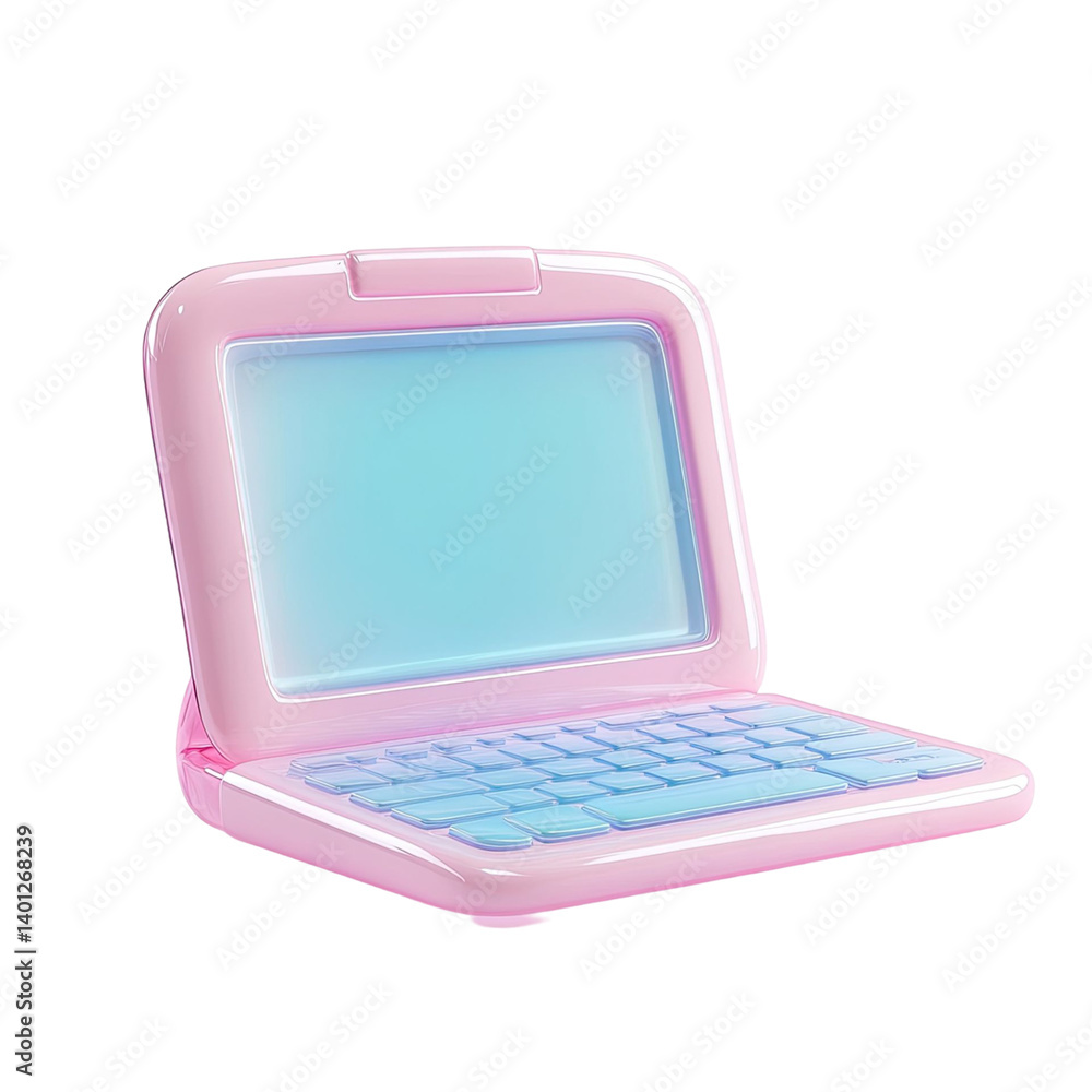 Poster pink laptop 3d render with a blue screen and keyboard against a transparent backdrop perfect for dig