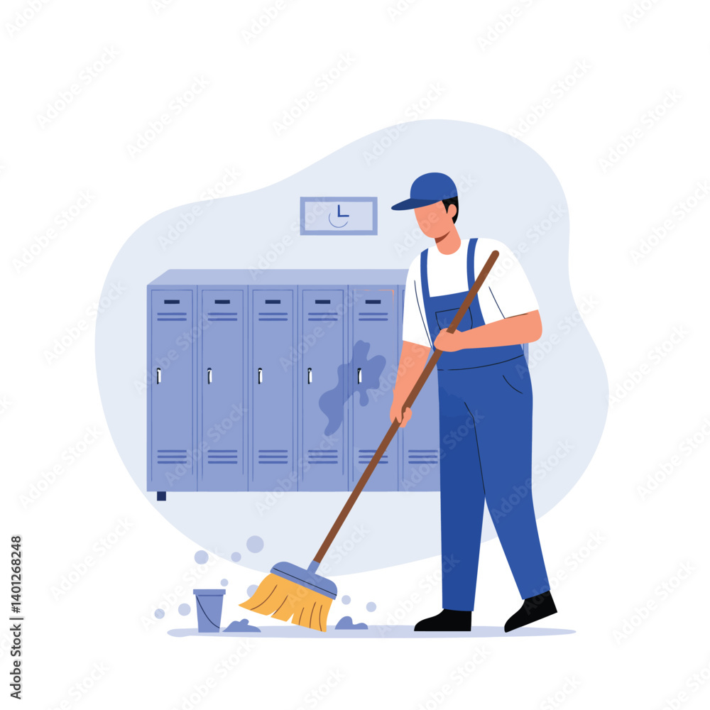 Poster man cleaning floor with broom in minimal style vector art