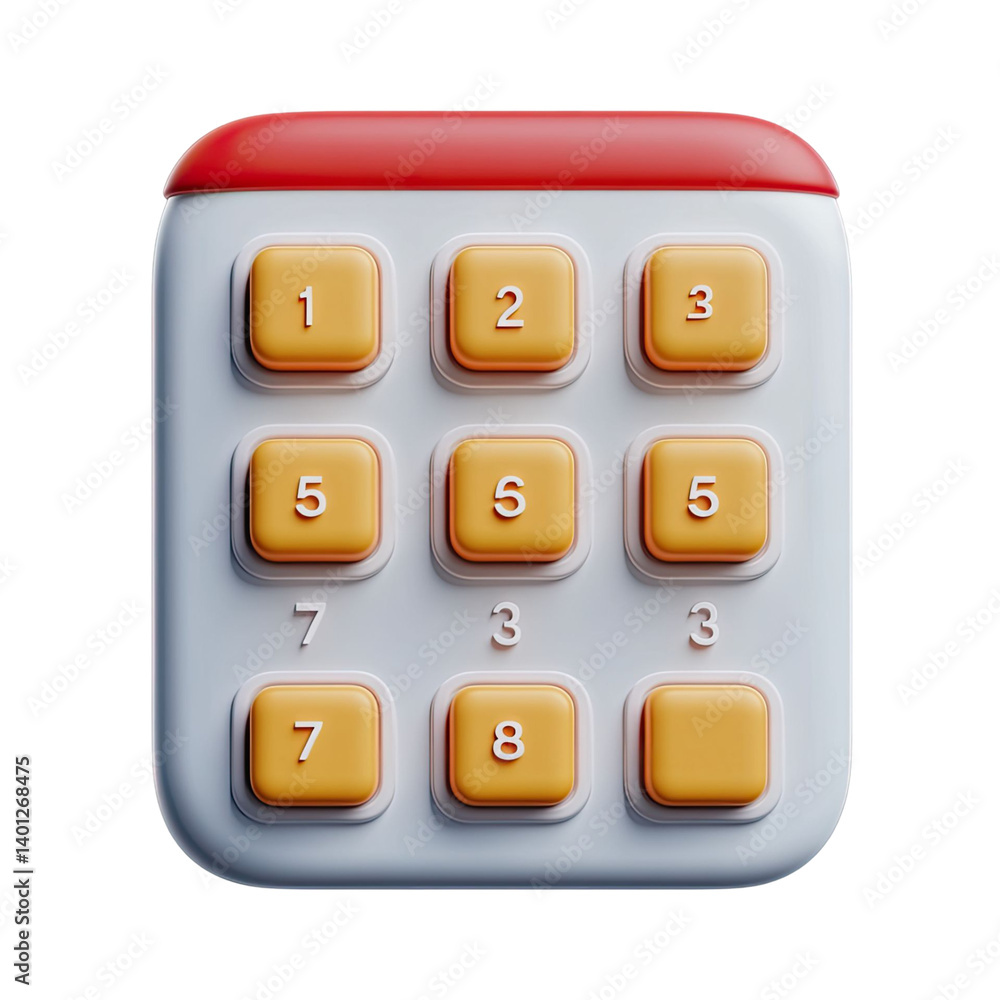 Poster a 3d rendered calendar icon featuring a red top white body and yellow numeric buttons on a transpare
