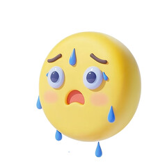 Fototapeta premium 3D emoji depicting worry with yellow face blue tears and sweat drops on transparent background