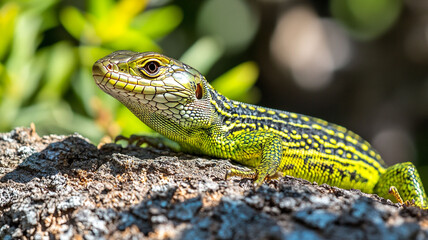 Fototapeta premium A Vibrant Green Lizard Basking in the Warm Sunlight on a Textured Tree Branch Close-Up (1)
