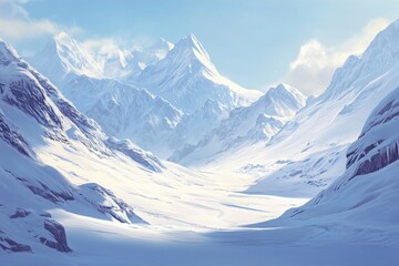 A valley view with snow covered mountains under a bright sky in wintertime