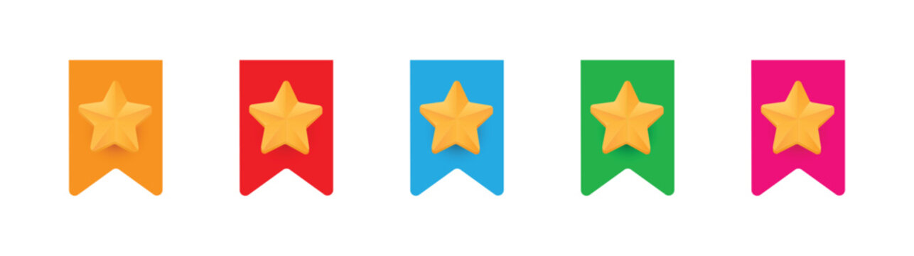 Set of colorful ribbons with yellow star for bookmarking favorite pages, websites and items. Vector illustration