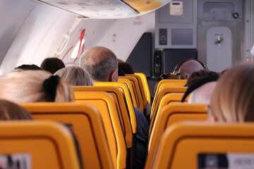 Malaga Ryanair Flight April 8th 2025 Perspective view of the interior of Ryanair airline aircraft.