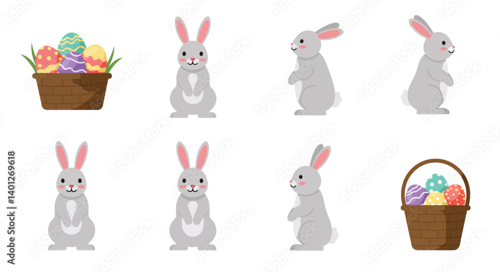 Poster bunny character animation frames in flat design style featuring easter basket vector art