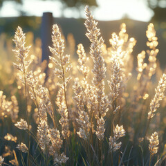 Fototapeta premium Golden wheat field glowing under sunlight with blurred background.