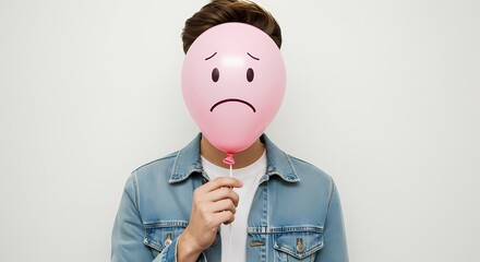 A person in a denim jacket holds a pink balloon with a sad face, covering their own face. The image has a conceptual and slightly surreal quality.