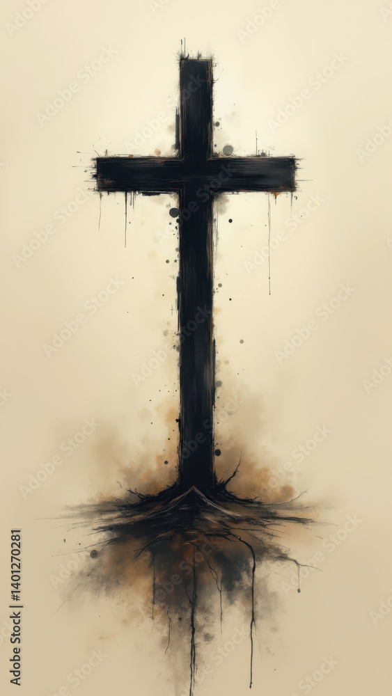 Aufkleber christian iconography featuring a cross with roots extending from its base.