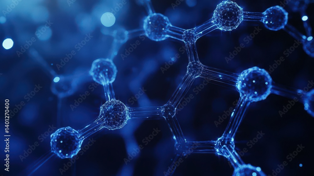 Poster abstract blue background featuring a hexagonal network and glowing dots, symbolizing technology, sci