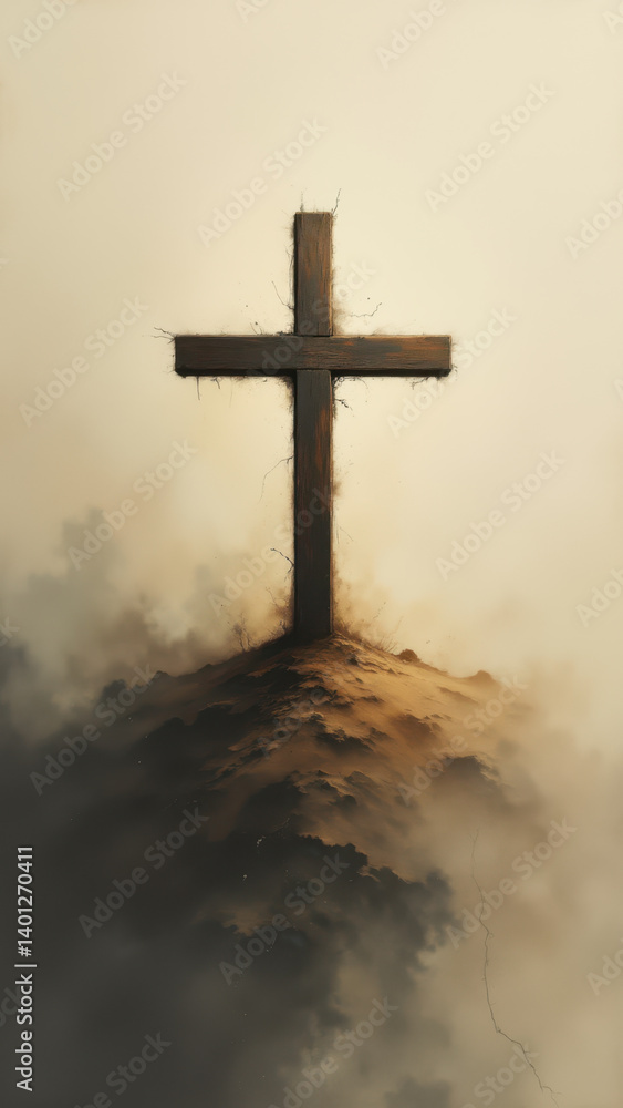Poster a dark, moody illustration featuring a cross in the center against a cloudy sky with rays of light e