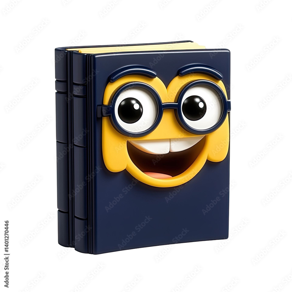Poster animated book character with a smiling face wearing glasses stands against a transparent backdrop. t