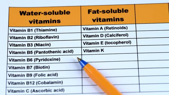 A table of water-soluble and fat-soluble vitamins. Close up.