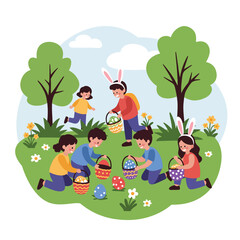 Fototapeta premium Children with Easter baskets hunting eggs in a playful scene, flat vector illustration