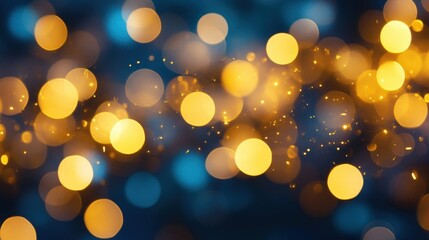 Abstract golden bokeh lights on a dark blue background, creating a glowing effect. Ideal for Christmas or New Year's themes, featuring defocused light particles.