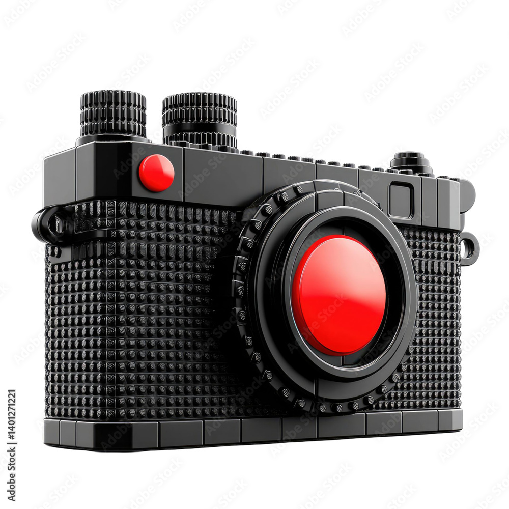 Poster 3d rendered retro camera with transparent background isolated. features black and red colors